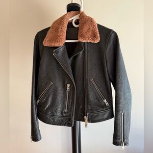 Allsaints Leather Jacket - Black with Pink Faux Fur - US 4 / EU 36